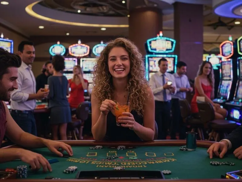 Young friends enjoying a poker game at 555bmw slot casino, surrounded by lively casino vibes.