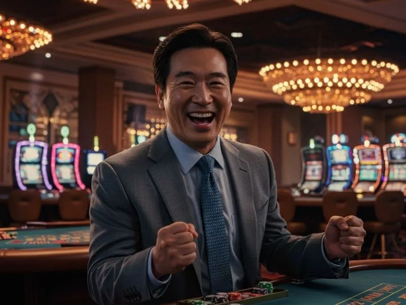 Cheerful man celebrating a big win in an online sabong-themed casino scene
