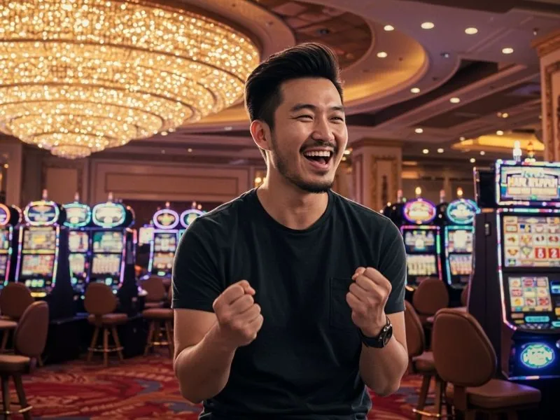 Cheerful young man enjoying sabong betting vibes inside a lively casino