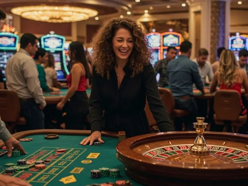 Confident woman placing a roulette bet in a sabong betting-inspired casino setting