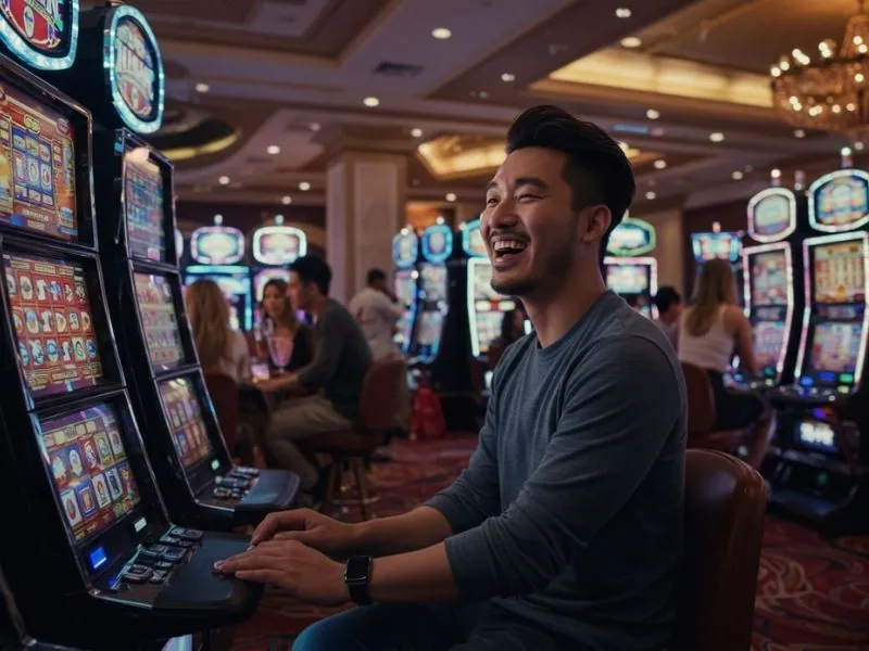 Happy man playing slot machine in a sabong international-themed casino