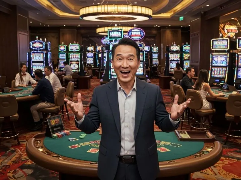 Smiling man posing confidently at a casino, reflecting the energy of sabong international