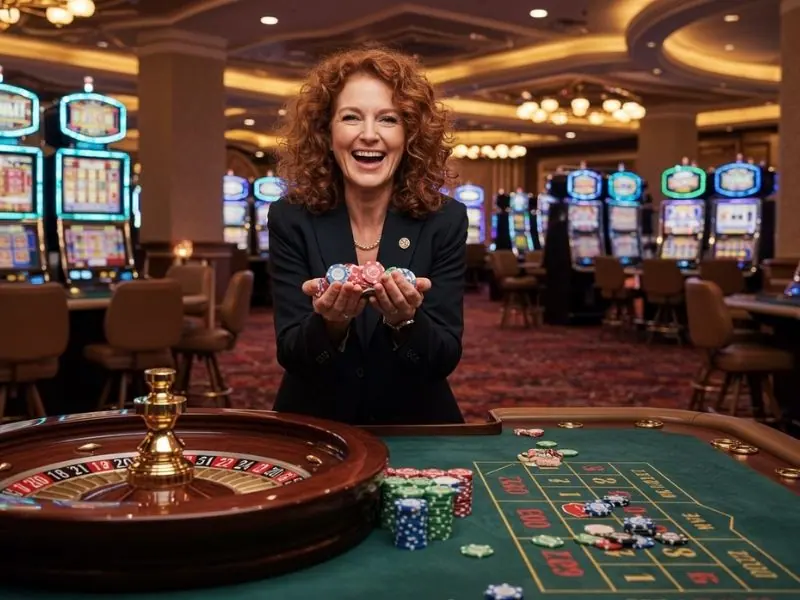 Woman holding roulette chips at a casino with sabong international vibes