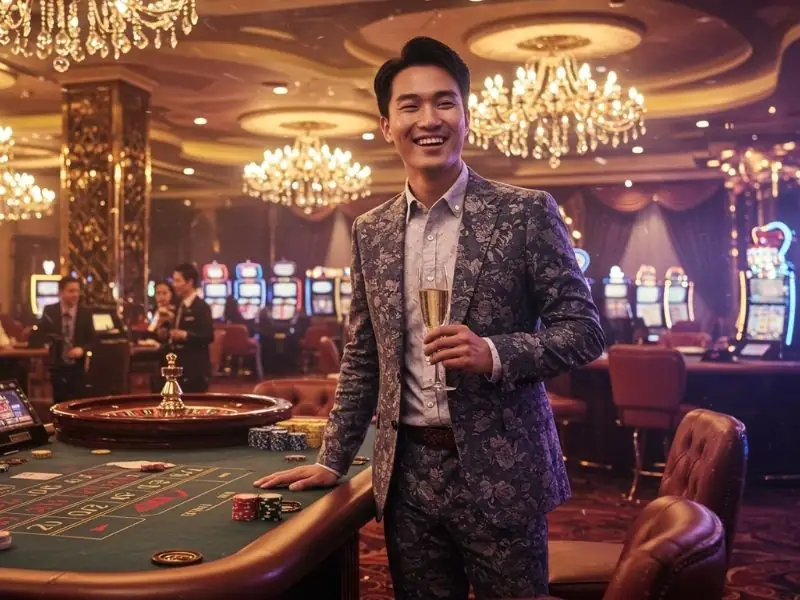 Confident man posing with poker chips after a big win in a sabong live-inspired casino scene