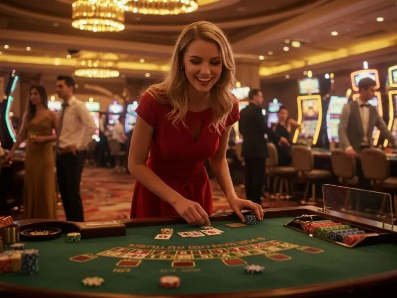 Young woman focused while playing poker in a sabong live-themed gaming environment