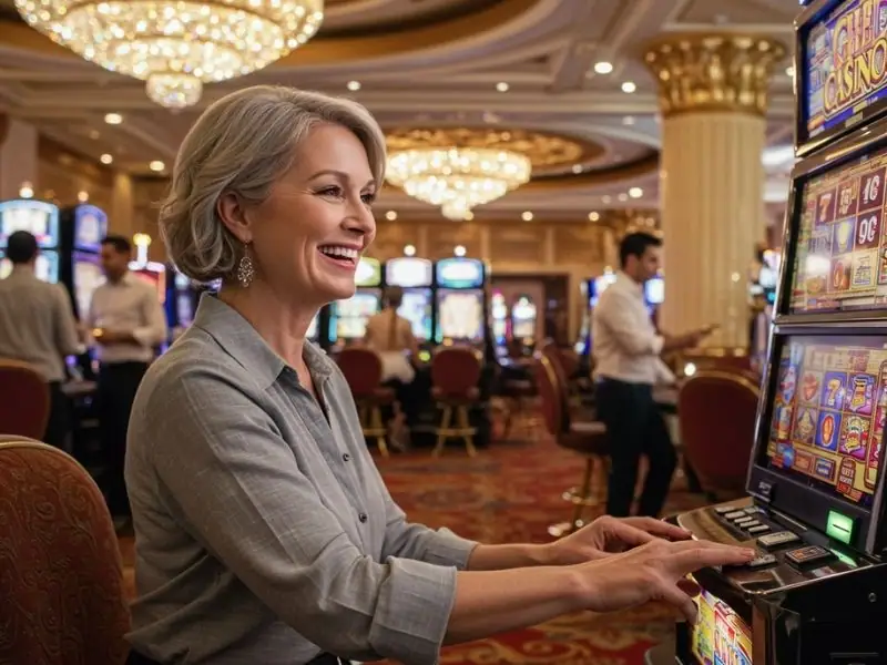 Elderly woman smiling while playing a slot machine in a sabong Philippines gaming venue.