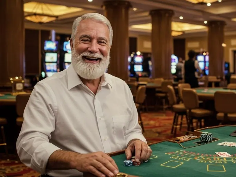 Happy man celebrating a small win at a poker table – sabong Philippines vibes