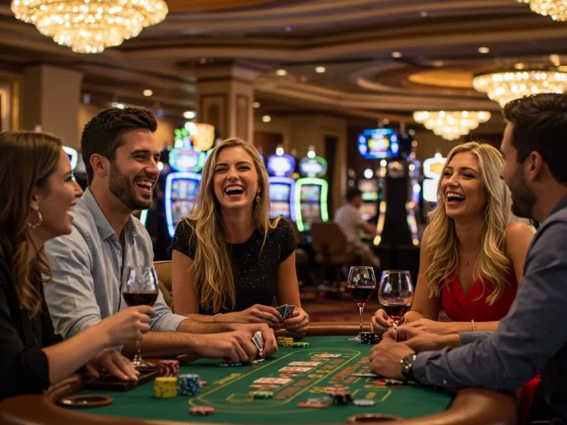 Friends enjoying and laughing while playing at 555 BMW Online Casino.