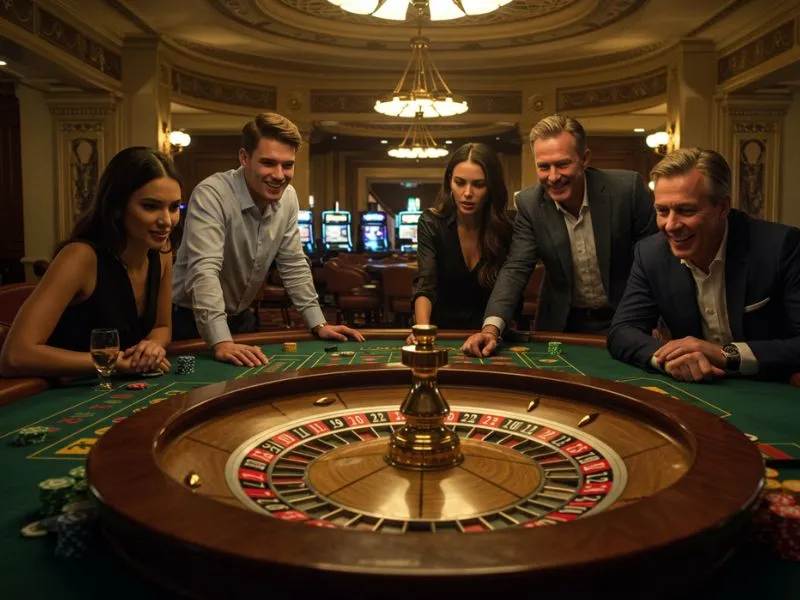 Friends enjoying roulette game at 555 BMW Online Casino for a thrilling gaming experience.