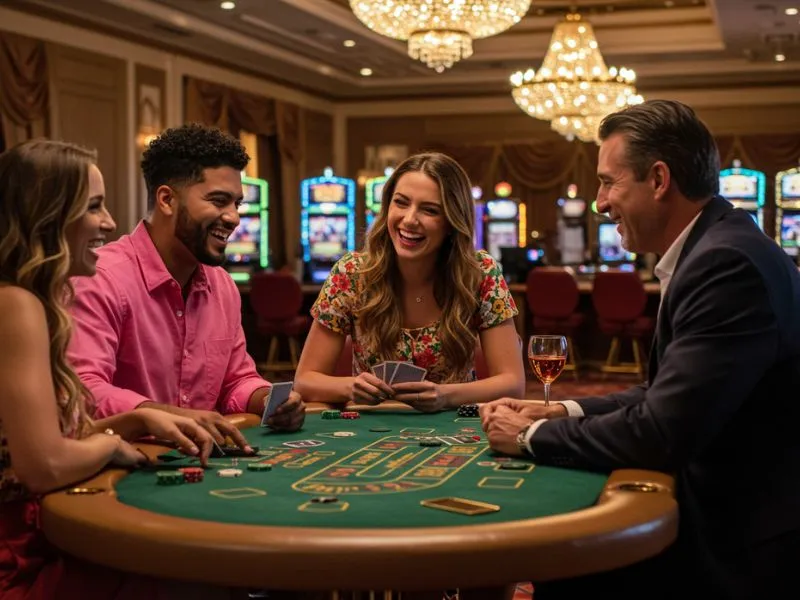 Group of friends enjoying poker at 555 BMW Online Casino.