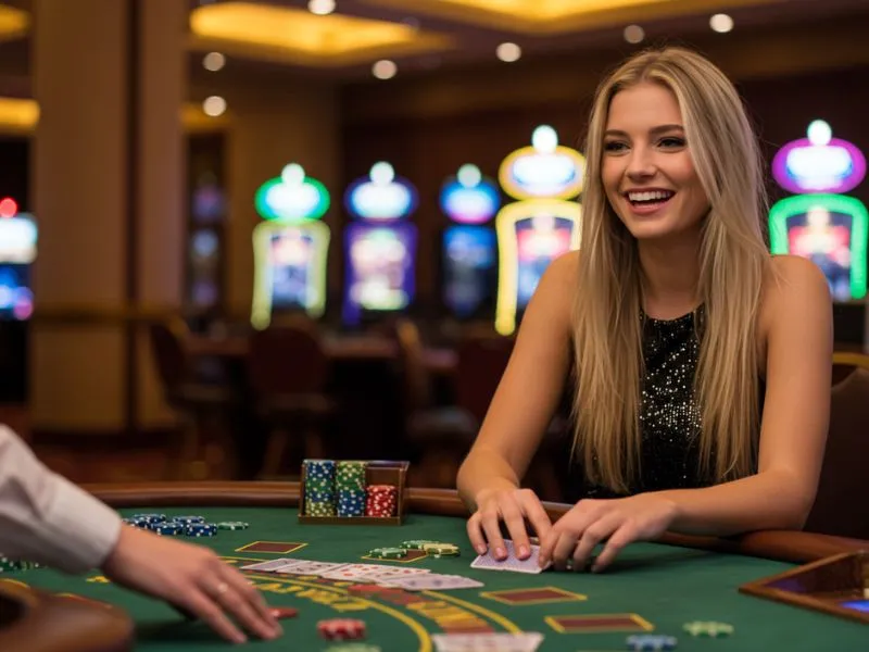 Pretty girl enjoying a poker game at 555 BMW Online Casino.