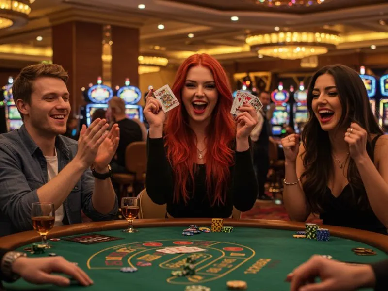 Friends cheering after a big poker win at 55bmw com register online casino