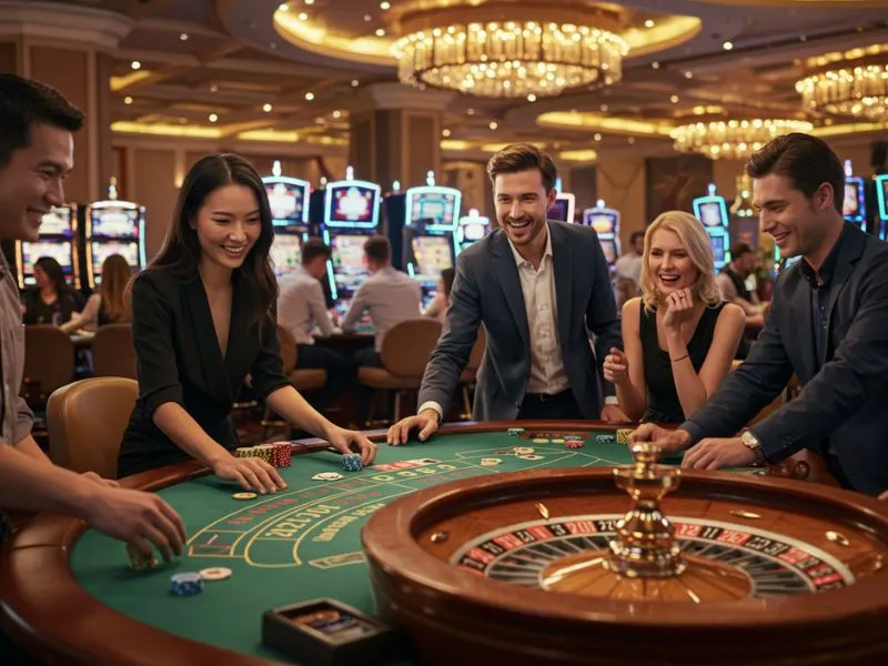 Friends enjoying roulette after successful 55bmw com register online casino sign-up.