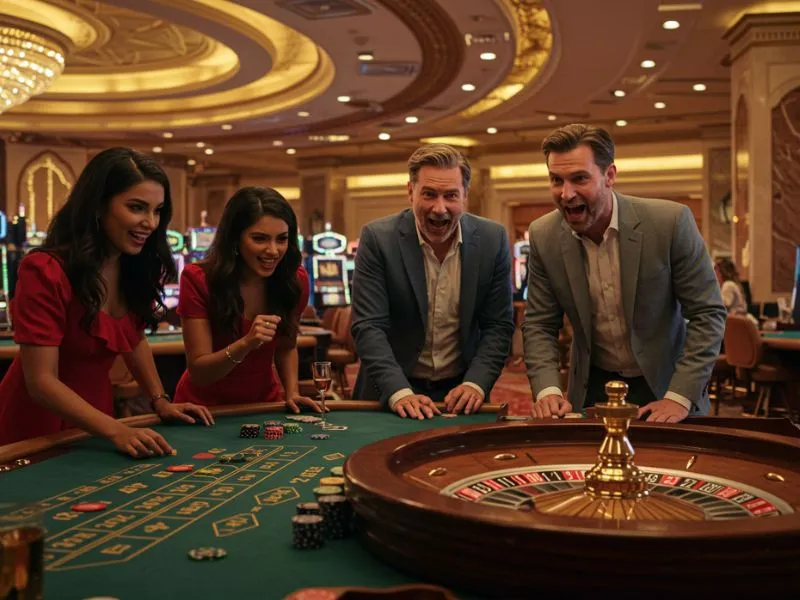 Friends cheering and playing roulette at 55bmw Online Casino, enjoying the thrill of every spin.