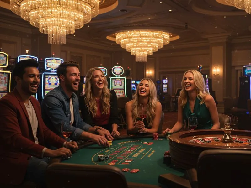 Friends enjoying games and drinks at 55bmw Online Casino in a fun and lively setting.