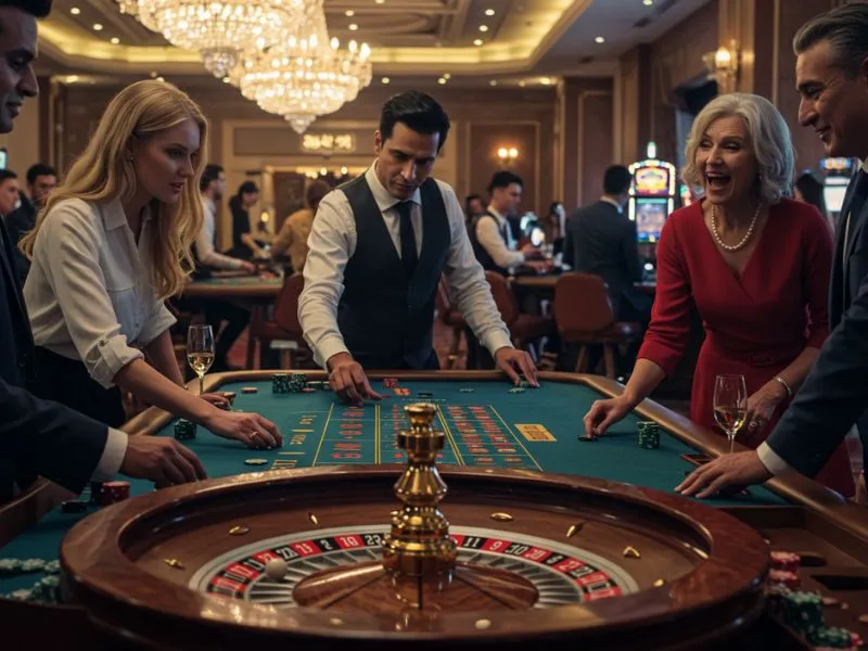 Group of players seriously engaged in a roulette game at 55bmw Online Casino.