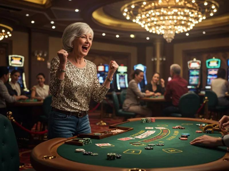 Old woman celebrating a big win at 55bmw Online Casino with joy and excitement.