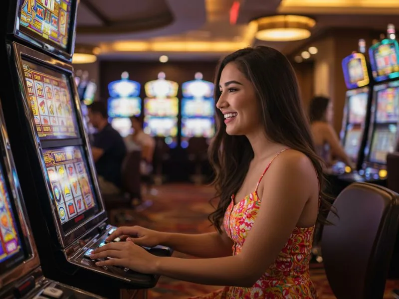 Happy girl enjoying her game at 747 online casino with excitement and focus.