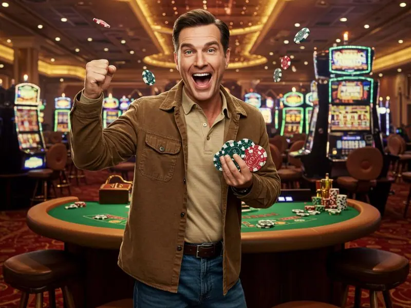 Happy man celebrating a big win at 747 online casino with excitement