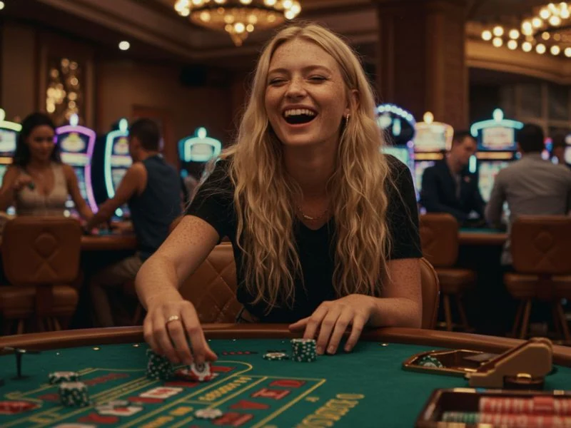 Happy woman enjoying her game at 747 online casino with excitement and confidence