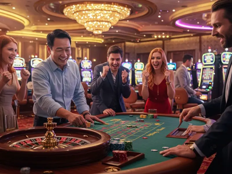 Happy friends having fun playing together at 777 pub online casino