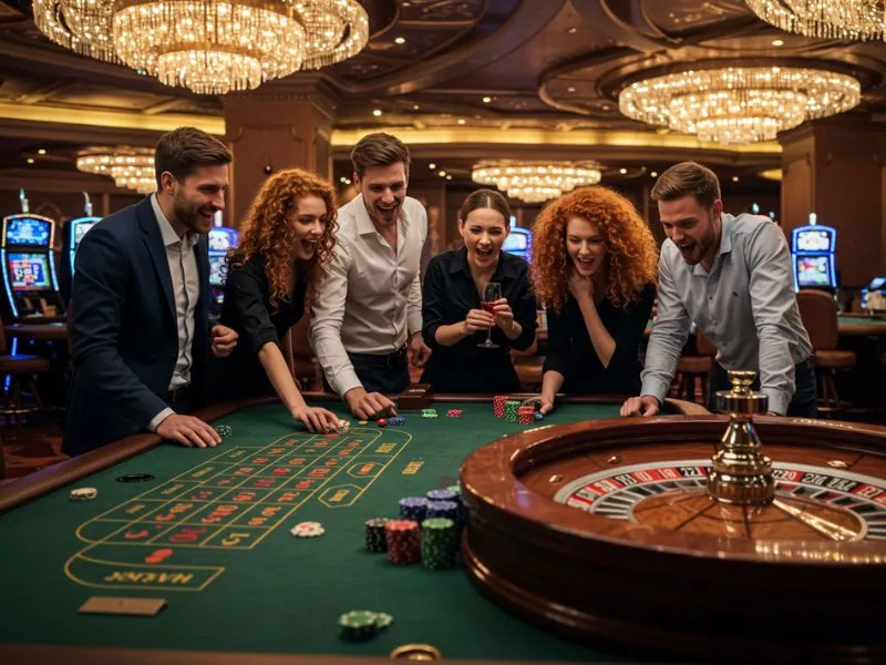 Friends enjoying roulette at 8k8 Online Casino table game.