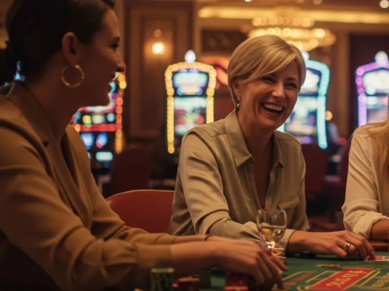 Woman laughing and playing at 8K8 Online Casino for an exciting gaming experience.