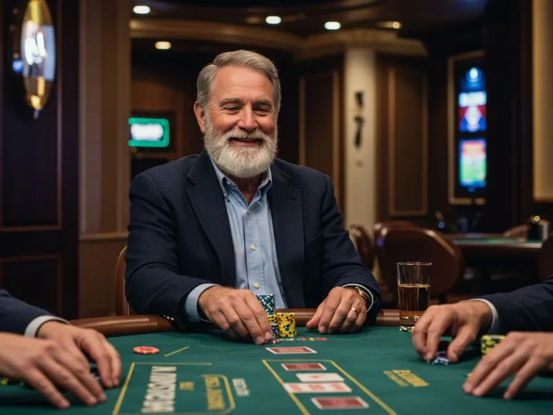 Happy old man celebrating a big win at Betvisa Online Casino slot game.