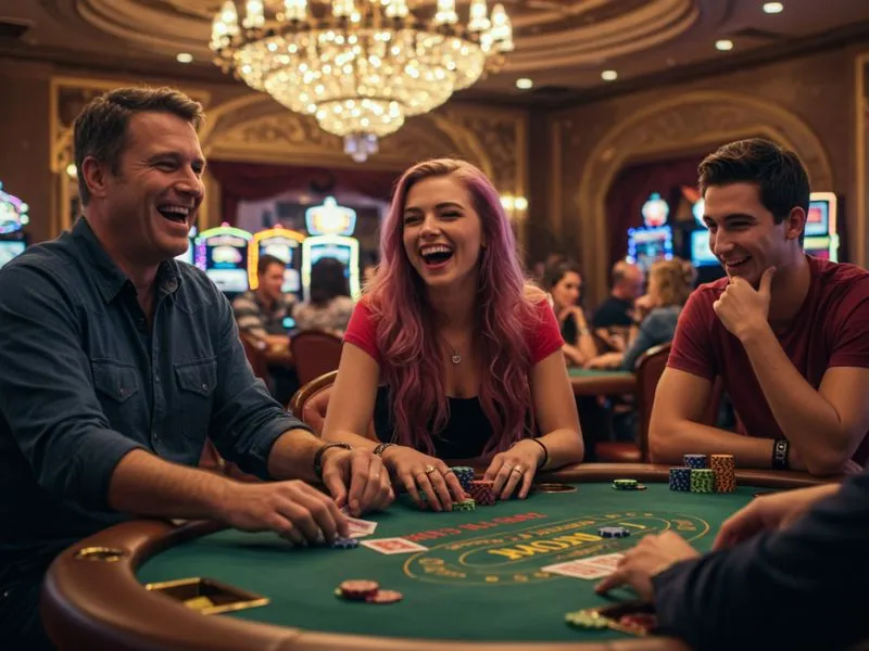 Friends enjoying slot games and laughing together at BMW Online Casino platform.