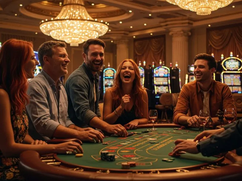 Couples laughing and playing poker after successful bmy12 online casino login