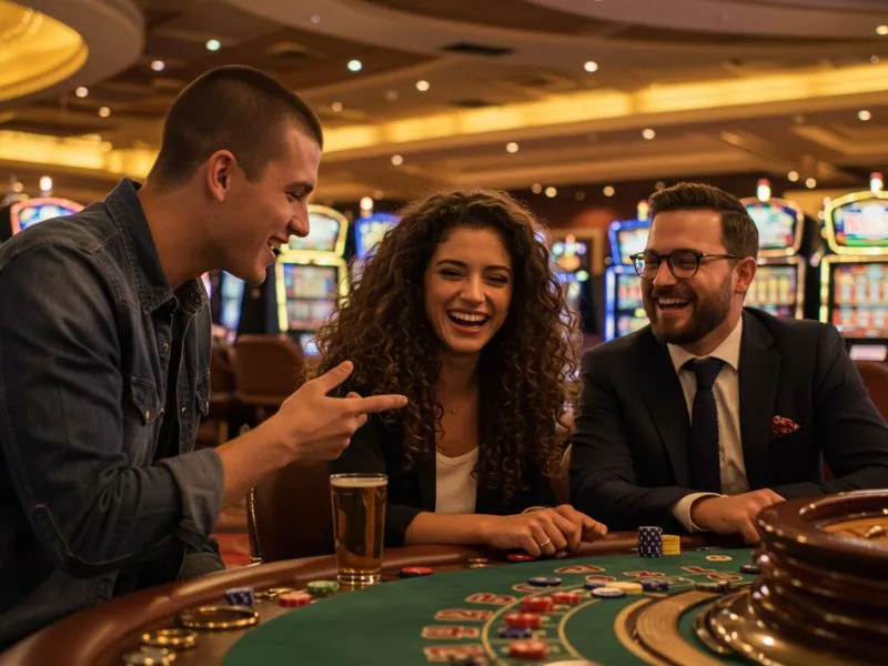 Friends laughing and playing roulette at BMY12 online casino login, enjoying exciting games together.