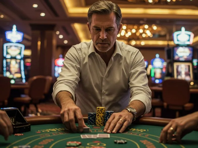 Old man playing poker in serious mood at BMY12 online casino login table