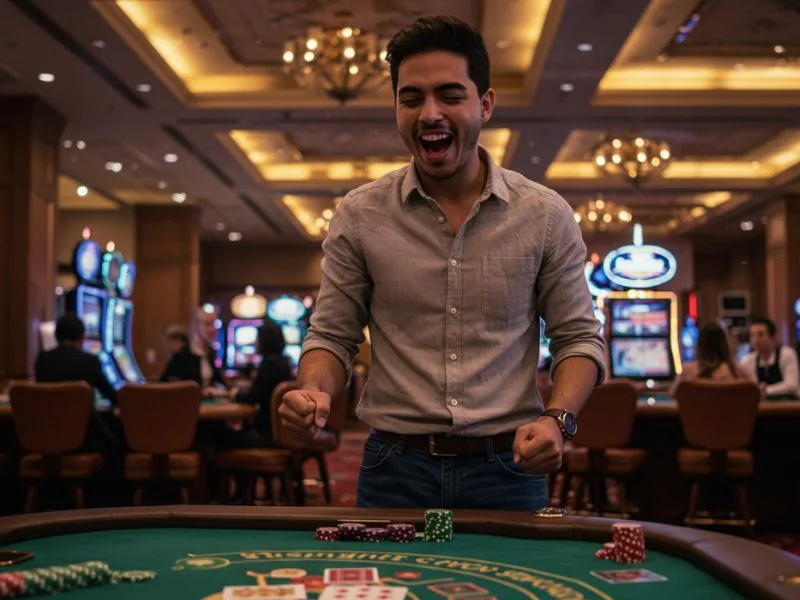 Happy man enjoying playing casino games after cgebet online casino login