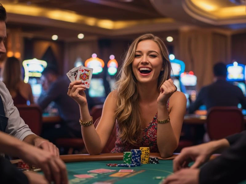 Happy pretty woman successfully logging into CGEBet Online Casino login platform