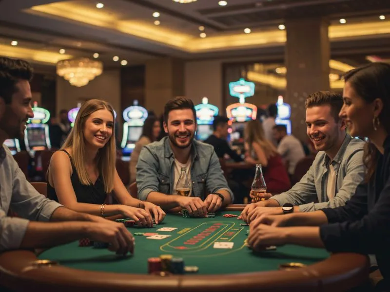 Friends laughing and enjoying a poker game at Eureka Online Casino.