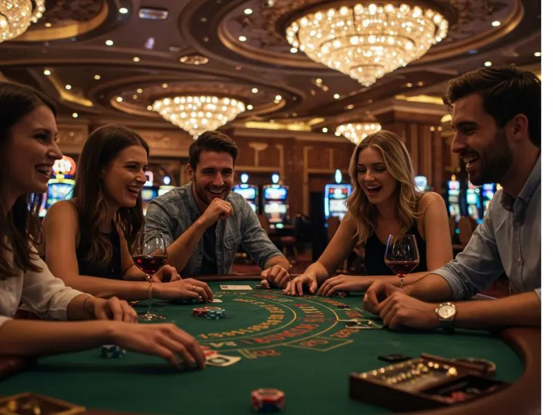 Group of friends enjoying drinks and playing at Eureka Online Casino.