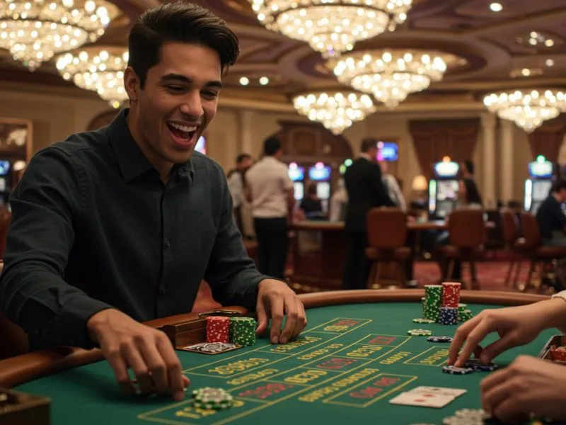 Man celebrating a big poker win at Eureka Online Casino.