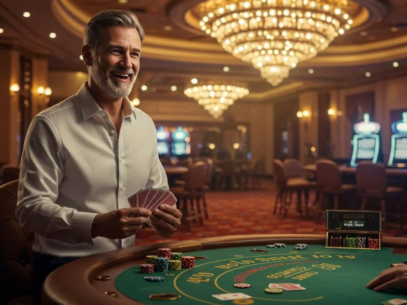 Happy man playing cards and winning with jili casino free 150 bonus