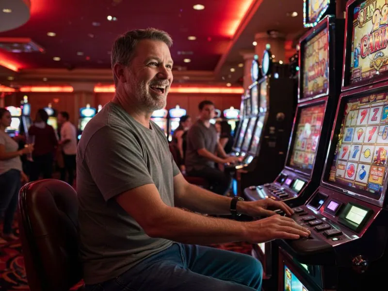 Happy man playing slot machine and enjoying jili casino free 150 bonus