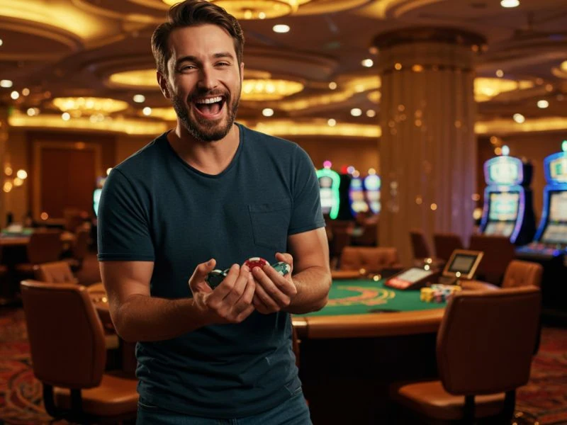 Happy man celebrating his big win using jili casino free 150 bonus