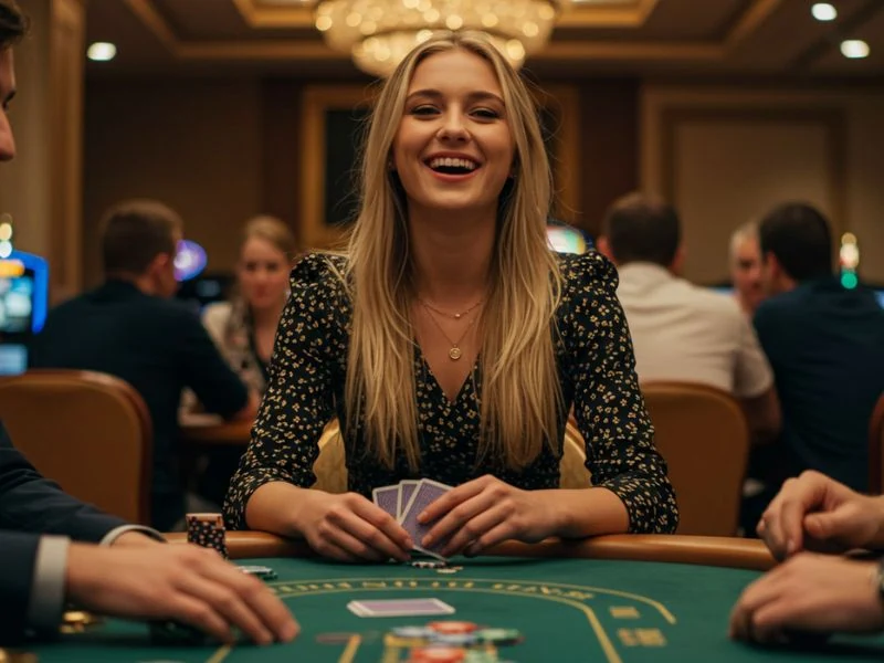 Happy woman playing cards and enjoying her bonus at jili casino free 150