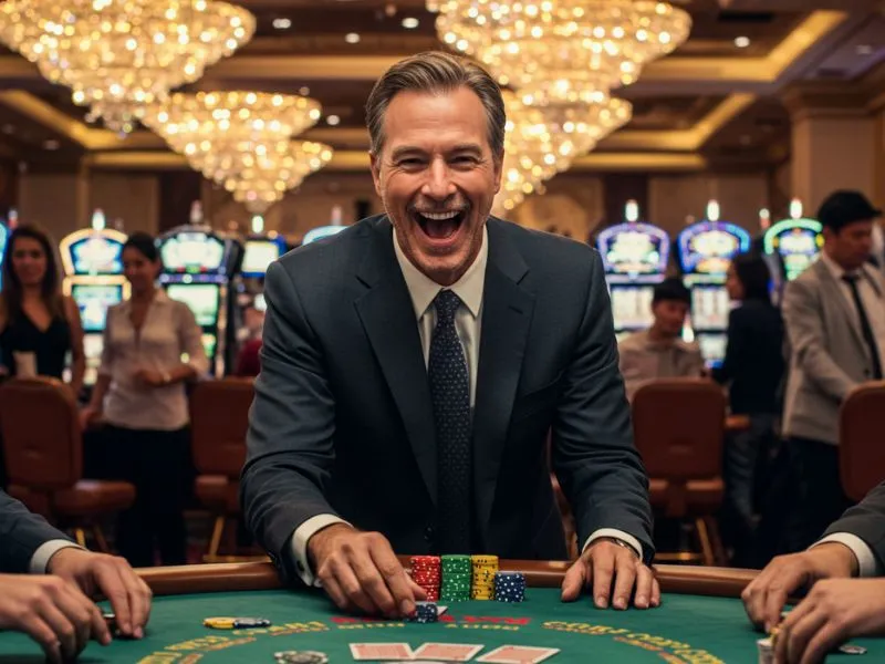 A man winning a poker game, smiling and raising his fists in excitement while playing at Jilibet Online Casino.