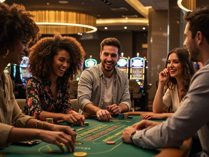 Group of friends playing and laughing together at jiliko online casino