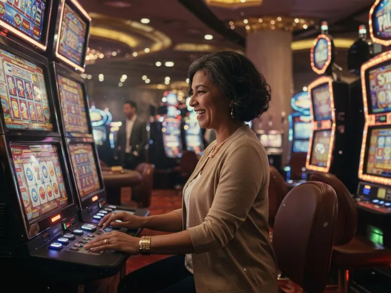 Elderly woman enjoying slot machine games at jiliko online casino