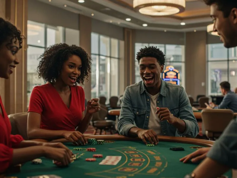 Couples enjoying poker at Lodi 291 Online Casino with smiles and excitement.