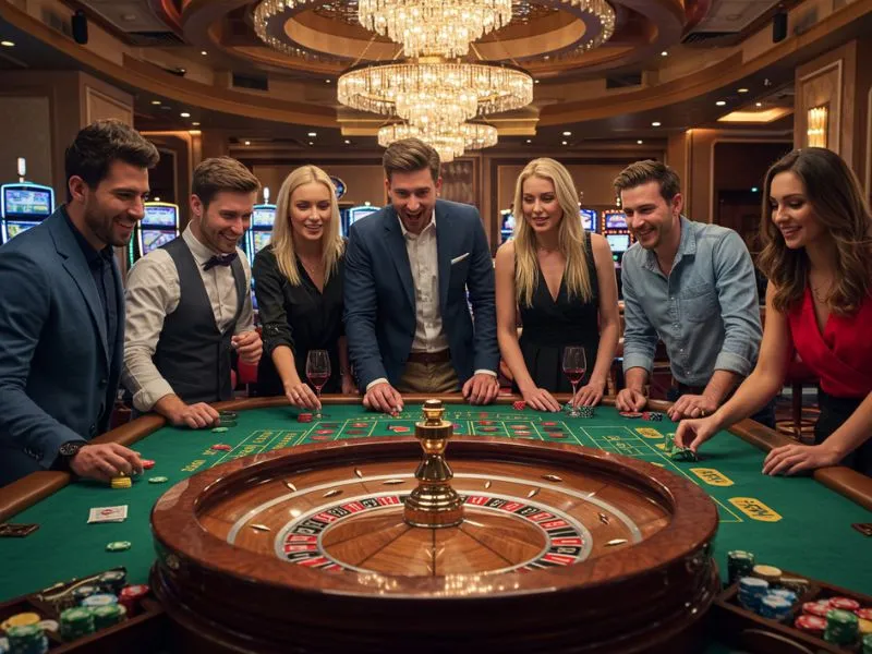 Group of friends enjoying roulette at Lodi 291 Online Casino.