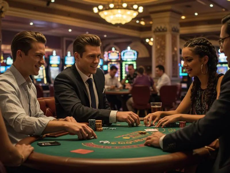 Handsome man and pretty girl playing poker at Lodi 291 Online Casino table, enjoying exciting and competitive gameplay.