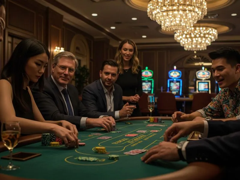 Friends cheering while playing poker at lucky calico online casino