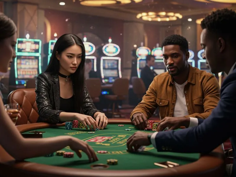 Friends seriously playing poker at lucky calico online casino