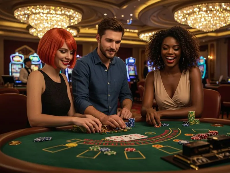 Friends happily playing poker at Lucky Horse Online Casino, enjoying fun games and exciting wins.